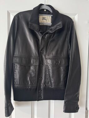 Burberry Black Leather Bomber Jacket with Button Front
